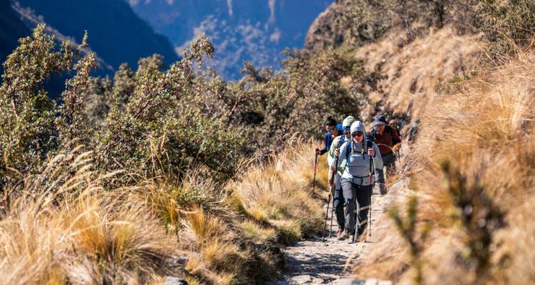 Grupo de excursionistas caminando por un sendero con paisaje montañoso.
