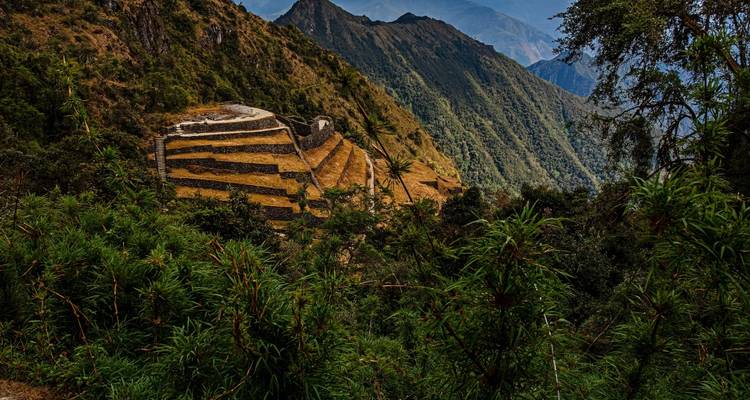 Paisaje de terrazas con ruinas incas rodeado de montañas.