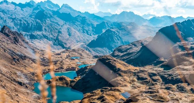 Panoramic mountain landscape with lakes.