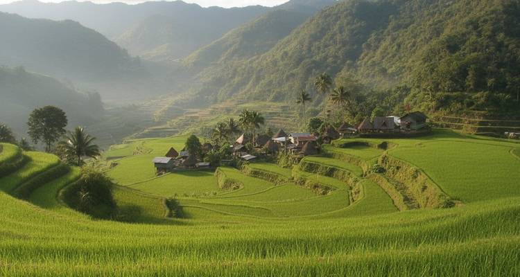 Lush green rice terraces with a village in the valley.