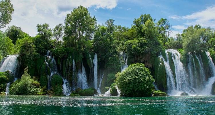 Des cascades qui se jettent dans une rivière verdoyante luxuriante.