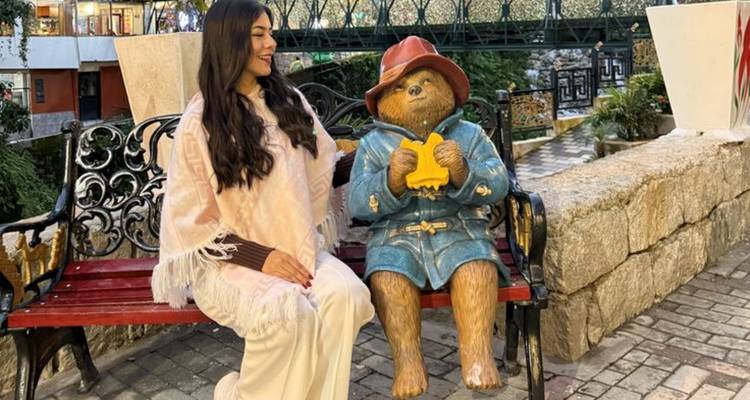 Vrouw zittend naast een Paddington Beer standbeeld.