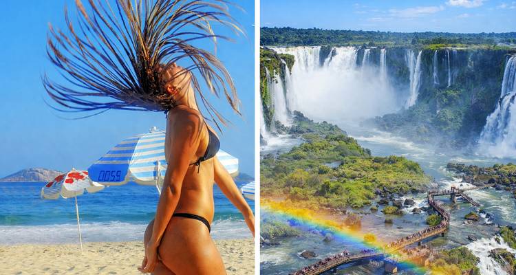 Une femme qui fait voler ses cheveux sur une plage et les chutes d'Iguazu avec un arc-en-ciel.