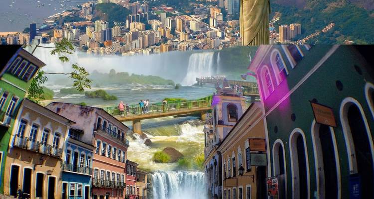 Un collage de Río de Janeiro, las Cataratas del Iguazú y Salvador.
