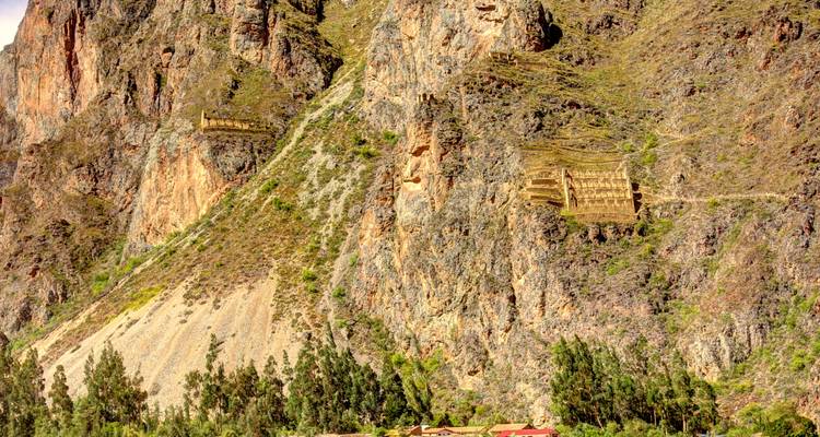 Ruinas en una ladera con vegetación.