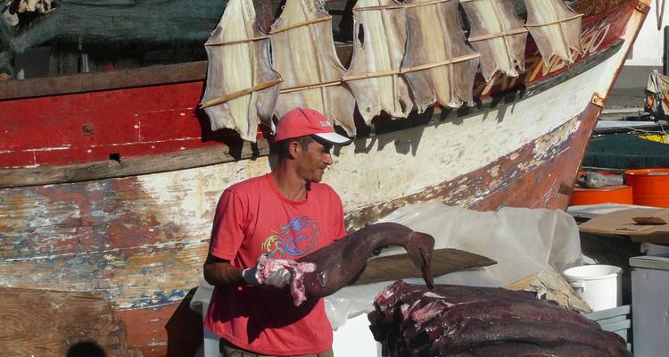 Hombre preparando pescado cerca de un barco rústico con pieles de pescado secándose.