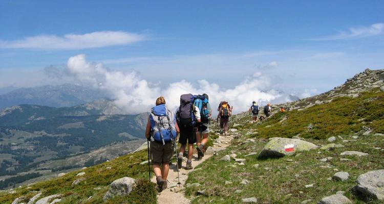 Mochileros caminando por un sendero alpino de gran altura por encima de las nubes con bastones de trekking y mochilas