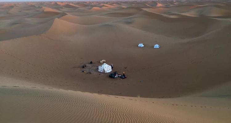 Vue aérienne au crépuscule d'un petit campement du désert avec des tentes blanches et des traces de chameaux au milieu de vastes dunes de sable.