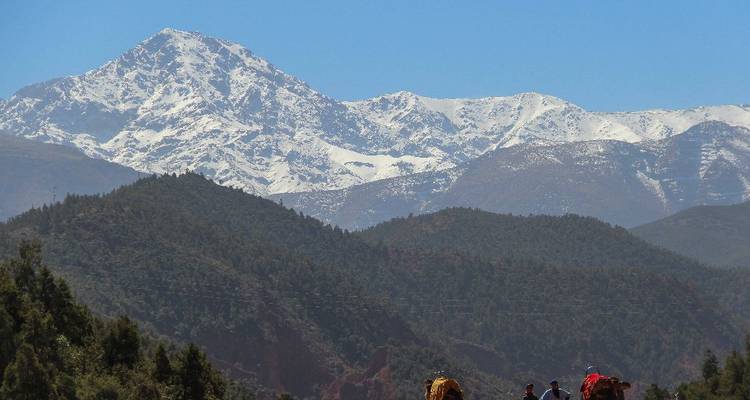 Montagnes enneigées avec vallée verte au Maroc.