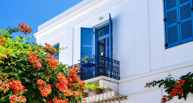 Ein weißes Gebäude mit blauen Fensterläden und blühenden Pflanzen.