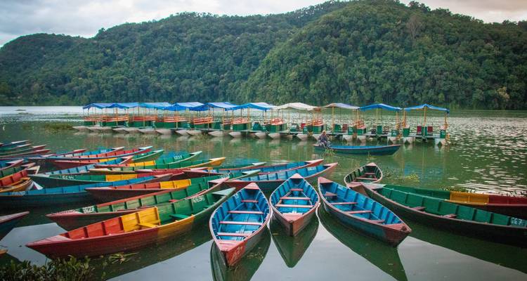 Rowboats in a lake with forests in the background.