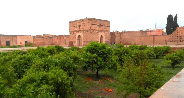 Ancienne forteresse avec de la verdure au premier plan et des orangers.