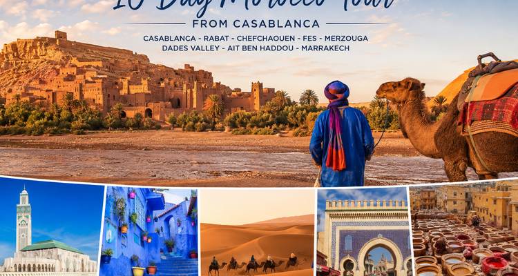 Promotional collage for Morocco tour with desert fortress, camel rider and mosaic images plus text overlay.