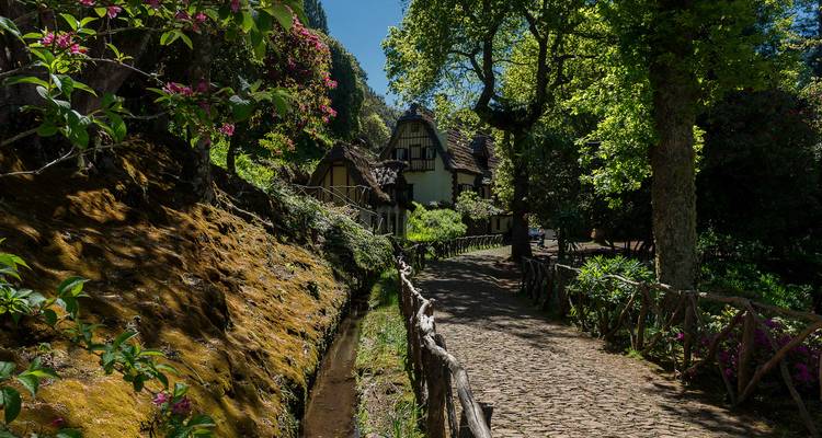 Chemin pavé menant à de charmantes chaumières, entourées d'une verdure luxuriante.
