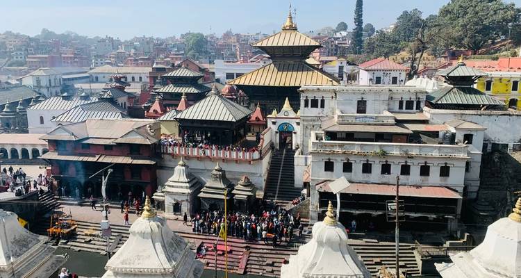 Pashupatinath-Tempelkomplex mit umliegenden Gebäuden und Besuchern.