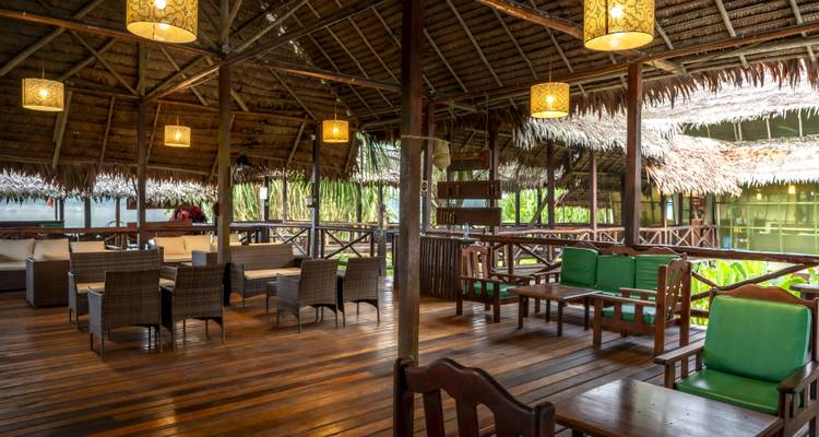 Zone de restaurant extérieure avec toits de chaume et mobilier en bois.