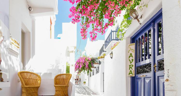 Rue étroite pittoresque avec des bougainvilliers dans un village grec.