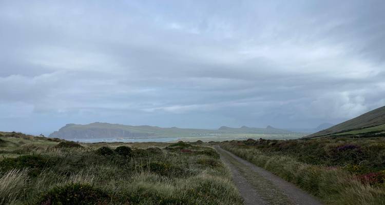 Grassy coastal trail under a brooding grey sky with distant mountains and sea on the Dingle Peninsula