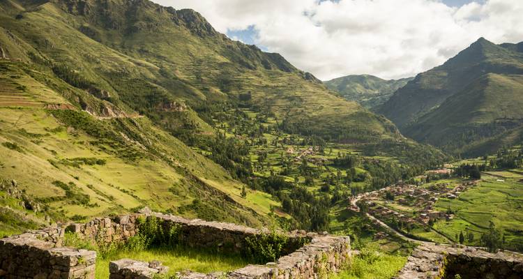 Valle verde con campos en terrazas entre montañas bajo un cielo nublado.