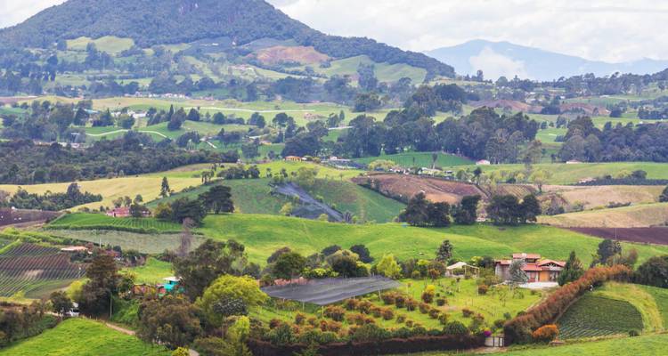 Colinas ondulantes y granjas con un telón de fondo montañoso.