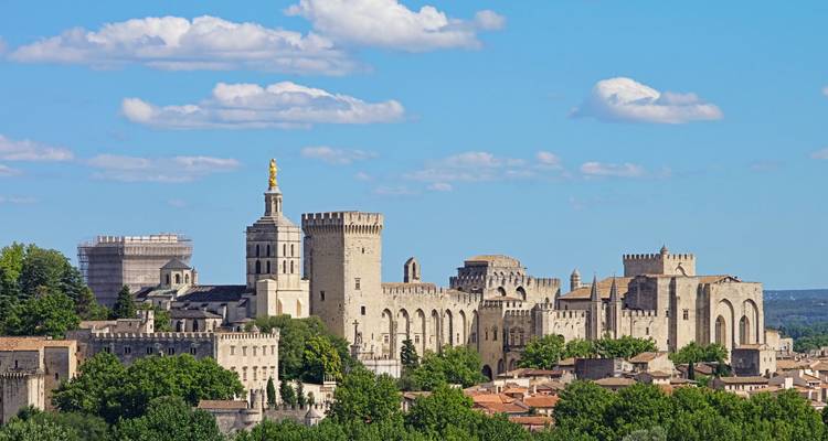 Horizonte de Aviñón con el Palais des Papes, murallas medievales y torres de piedra enmarcadas por un cielo azul brillante y nubes esponjosas.