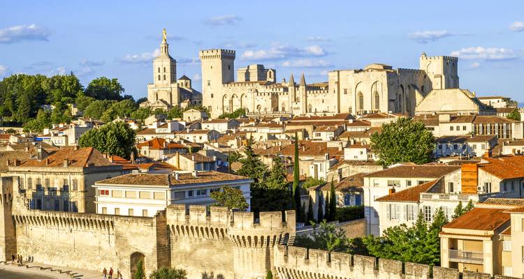 Palais des Papes and Avignon’s medieval walls glowing gold above tiled rooftops in afternoon sun.