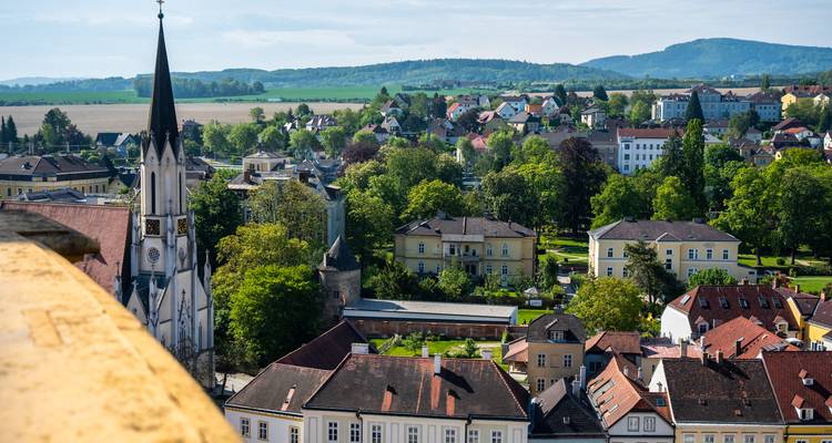 Vue aérienne sur les toits et le clocher de l'église de Grein avec la campagne environnante et les collines boisées.