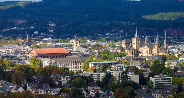 Vue surélevée sur Trèves mettant en valeur la basilique romaine et la cathédrale situées parmi les arbres verts.
