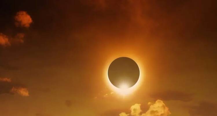 A total solar eclipse forms a luminous ring of fire in a dramatic orange sky above wispy clouds.
