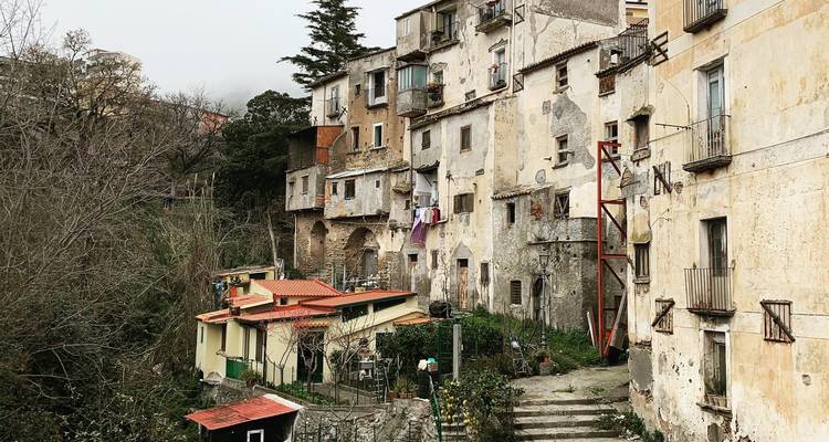 Bloques de apartamentos deteriorados por el clima aferrados a una ladera empinada con árboles sin hojas y un fondo nublado y melancólico.