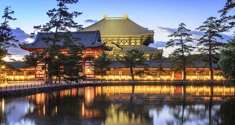 Illuminated Todaiji Temple beside a reflective pond at dusk framed by tall pines.