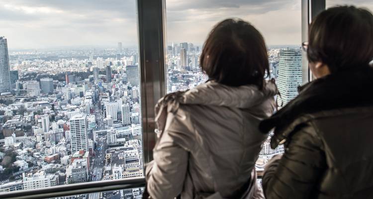 Two visitors inside a high observatory gaze over the expansive Tokyo cityscape through large windows.