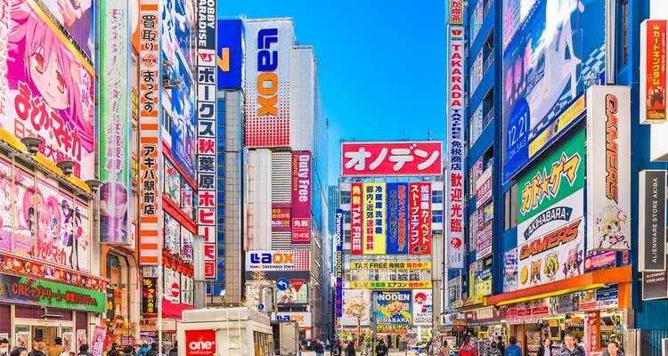 Rue commerçante animée au Japon avec des enseignes colorées.