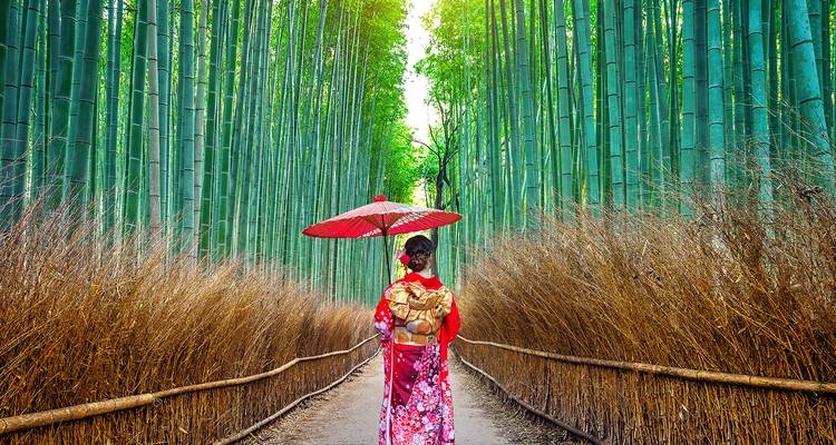 Femme en tenue japonaise traditionnelle marchant dans une forêt de bambous.