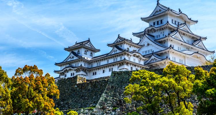 Château japonais historique avec des murs blancs et des douves environnantes.