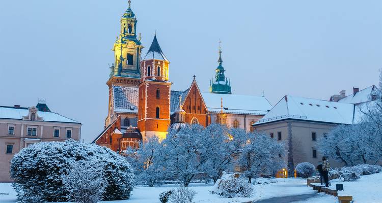 Snow-covered Wawel Cathedral and Royal Castle in Krakow softly lit in the early morning winter light.