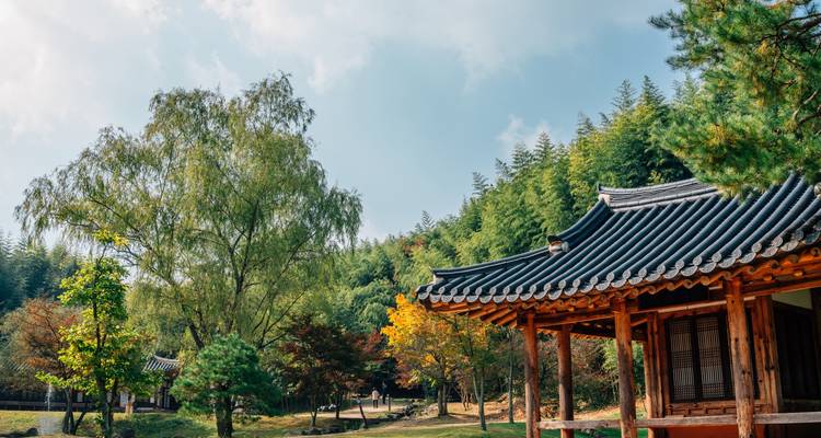 Pavillon traditionnel en bois situé à côté de bosquets de bambou et d'arbres d'automne colorés.