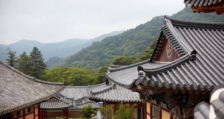 Toits de temples coréens traditionnels encadrés par des montagnes boisées verdoyantes sous un ciel nuageux.
