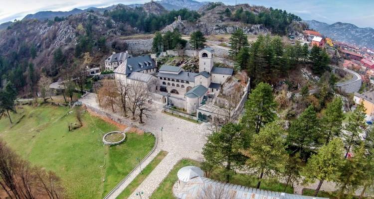 Vista aérea de un monasterio histórico rodeado de árboles.