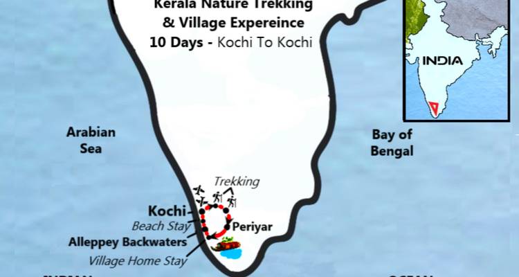 Carte montrant les randonnées et expériences villageoises du Kerala