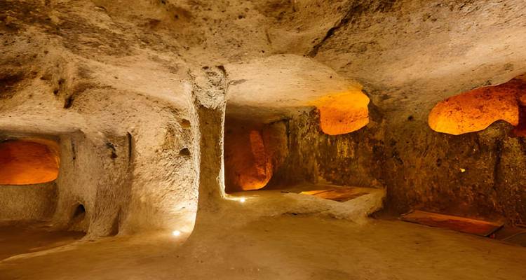 Grotte souterraine avec éclairage chaleureux.