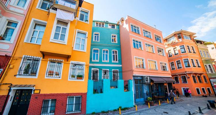 Colorful buildings in a city street.