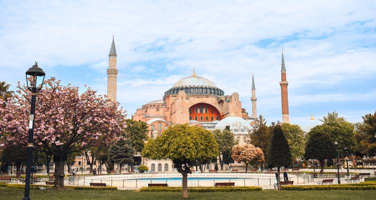Exterior of the Hagia Sophia with surrounding gardens