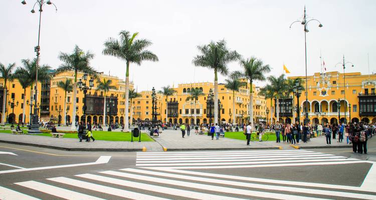 Place de ville bondée avec bâtiments historiques et palmiers.