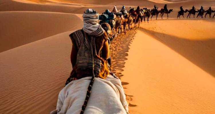Una fila de personas montando camellos sobre dunas de arena al atardecer.