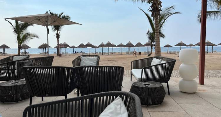 Salon moderne en bord de mer avec palmiers, parasols de chaume et océan bleu calme au-delà.