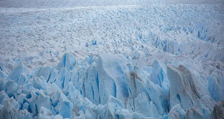 Expansive field of jagged blue glacier ice creating a dramatic frozen landscape.