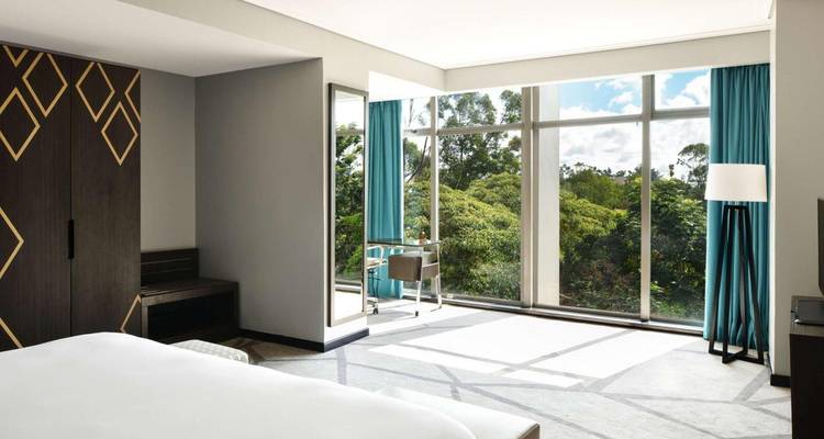 Una habitación de hotel con una ventana grande que da a la vegetación