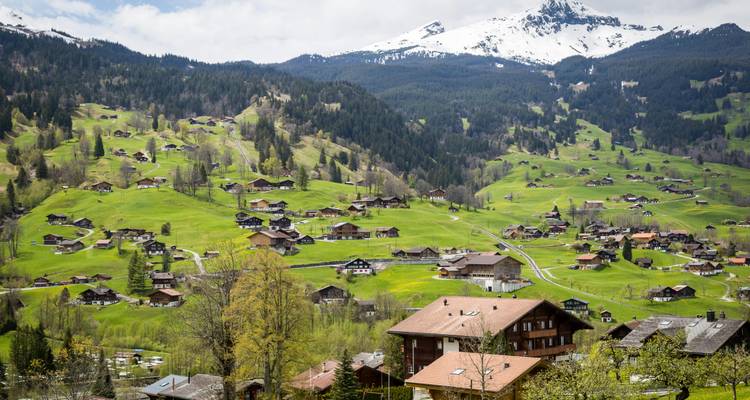 Vaste vallée alpine parsemée de chalets en bois et dominée par des sommets enneigés.