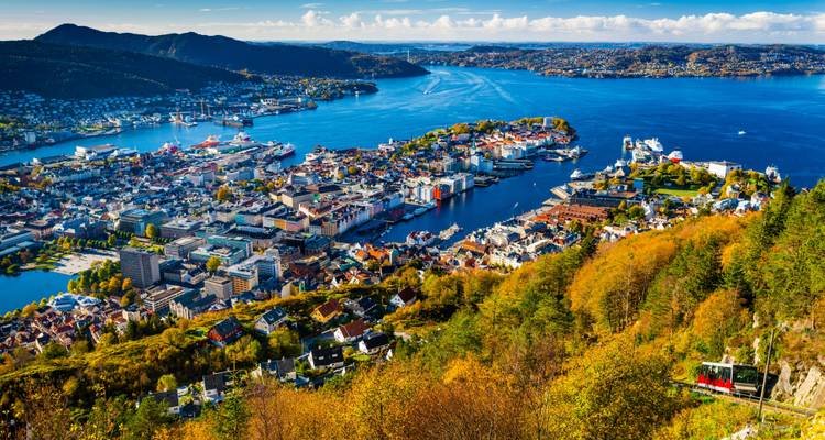 Vista panorámica de una ciudad costera con fiordos y montañas al fondo.